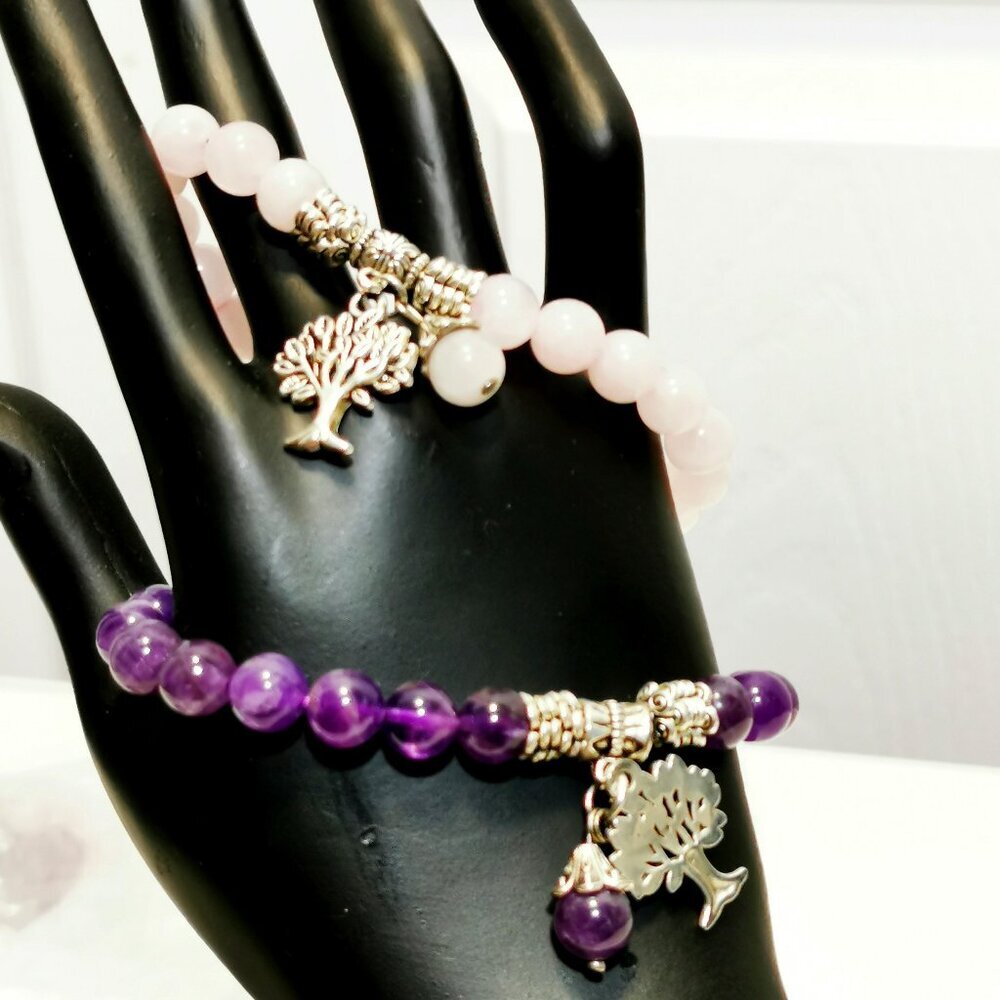 2/$25Amethyst Natural Round Gemstone Tree of Life Lucky Charm Crystal Bracelet